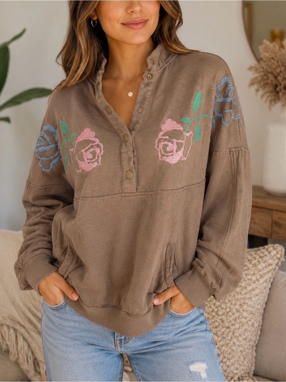 Bonnie Evans Women's Long Sleeve Brown Floral Pullover Sweatshirt Sz L Vintage